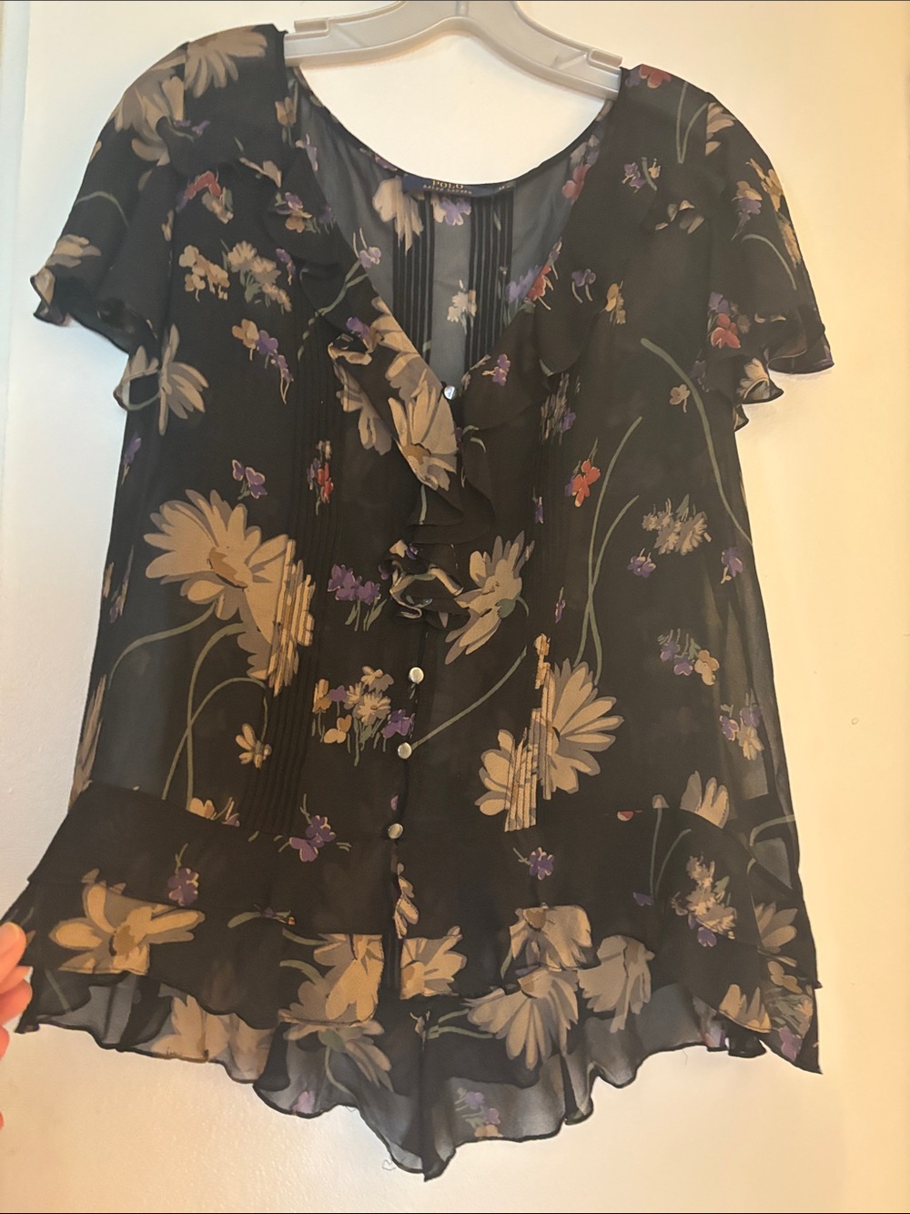 Polo by Ralph Lauren Black Floral Ruffle V-Neck Blouse